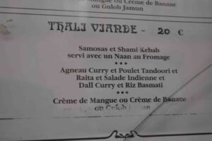 Taj Menu...20euros for a thali!