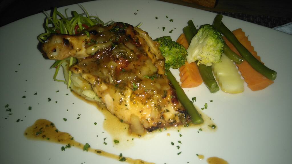 honey glazed coconut chicken with mash potato and boiled vegetables